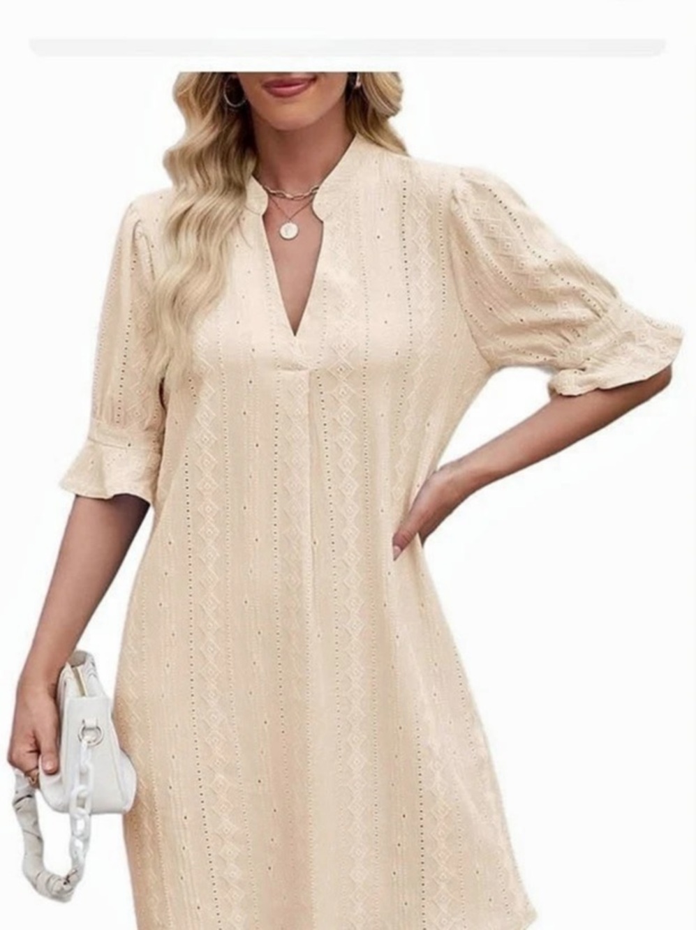 UVN Ruffle Short Sleeve Textured V-Neck Dress Mini Dress Cream